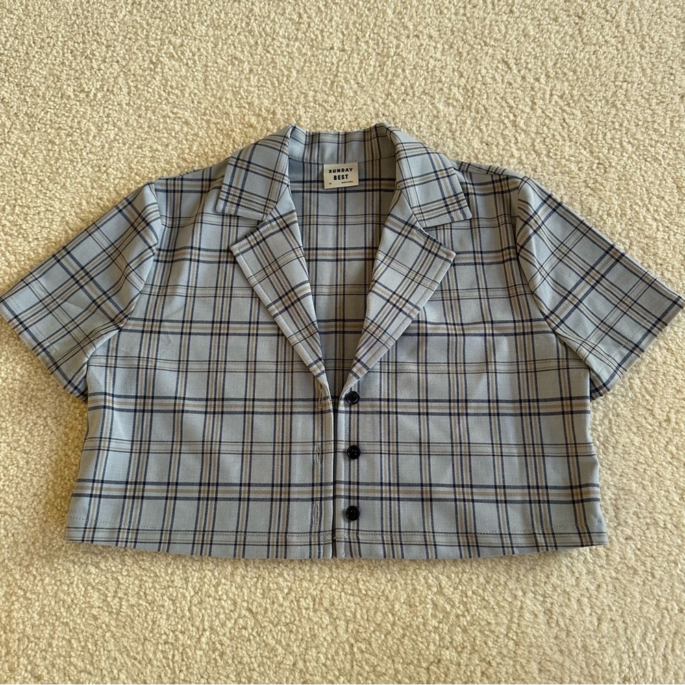 Aritzia Sunday best baby blue plaid button-up crop top